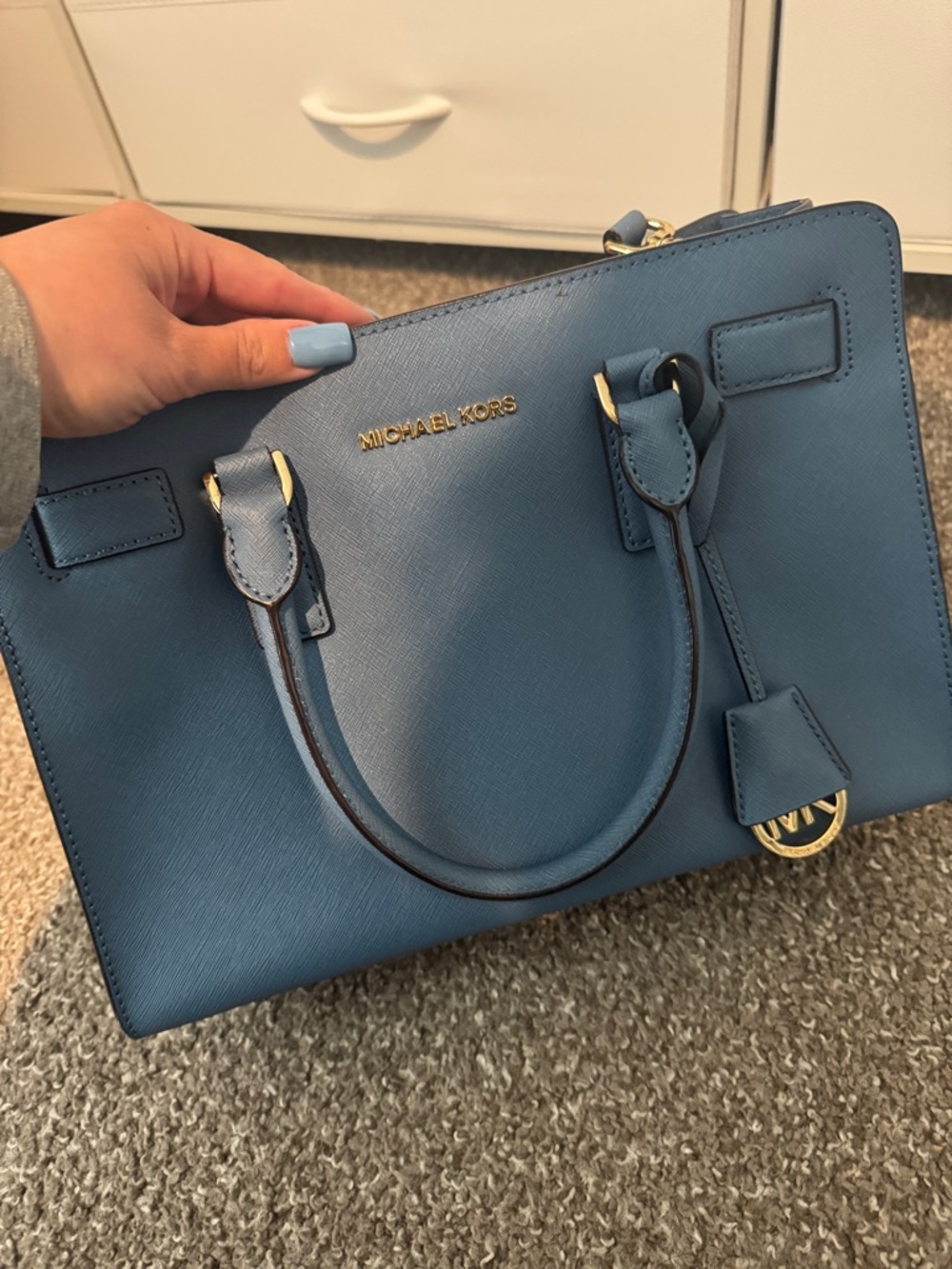 Michael Kors Teal-Blue Saffiano Satchel with Gold Hardware